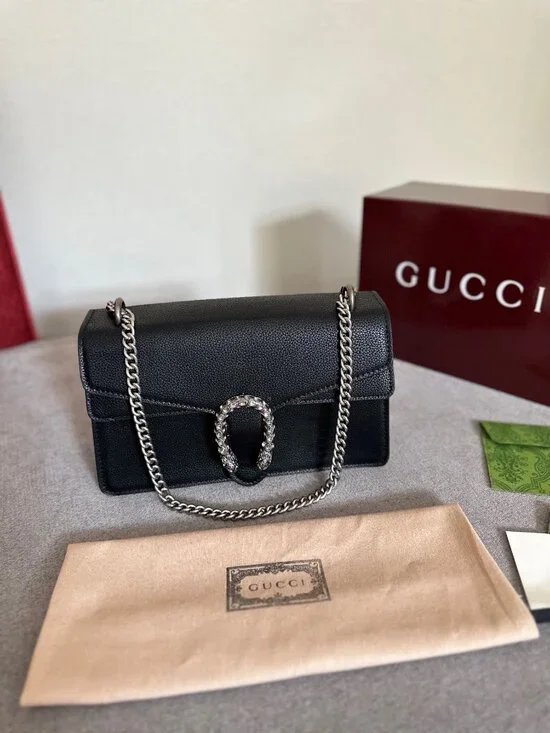 Black Dionysus Style Small Chain Bag Textured Leather Silver Hardware - Picture 9 of 9